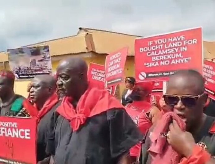 Berekum chiefs and youth protest against rising galamsey in Amomaso